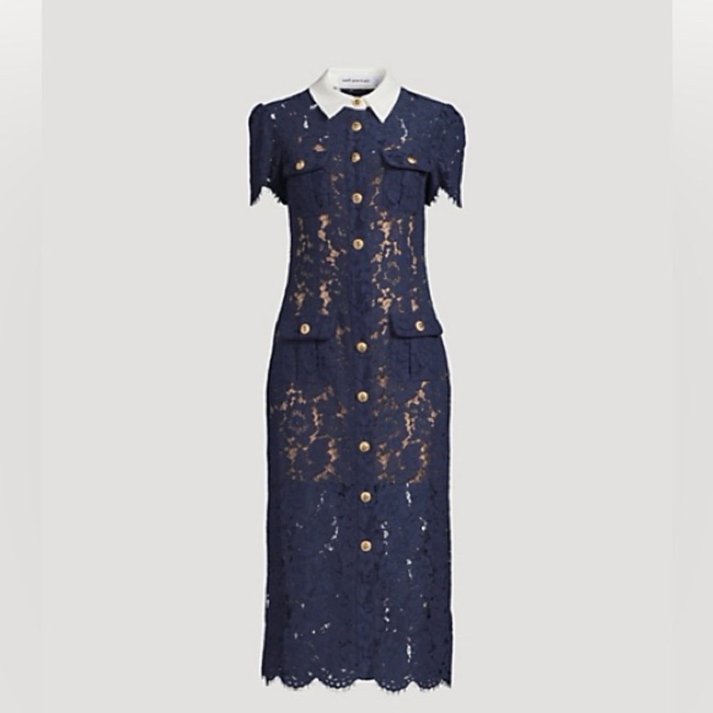 New with tags - Self-Portrait Navy Lace Midi Dress with White Collar US 4 - Picture 12 of 17